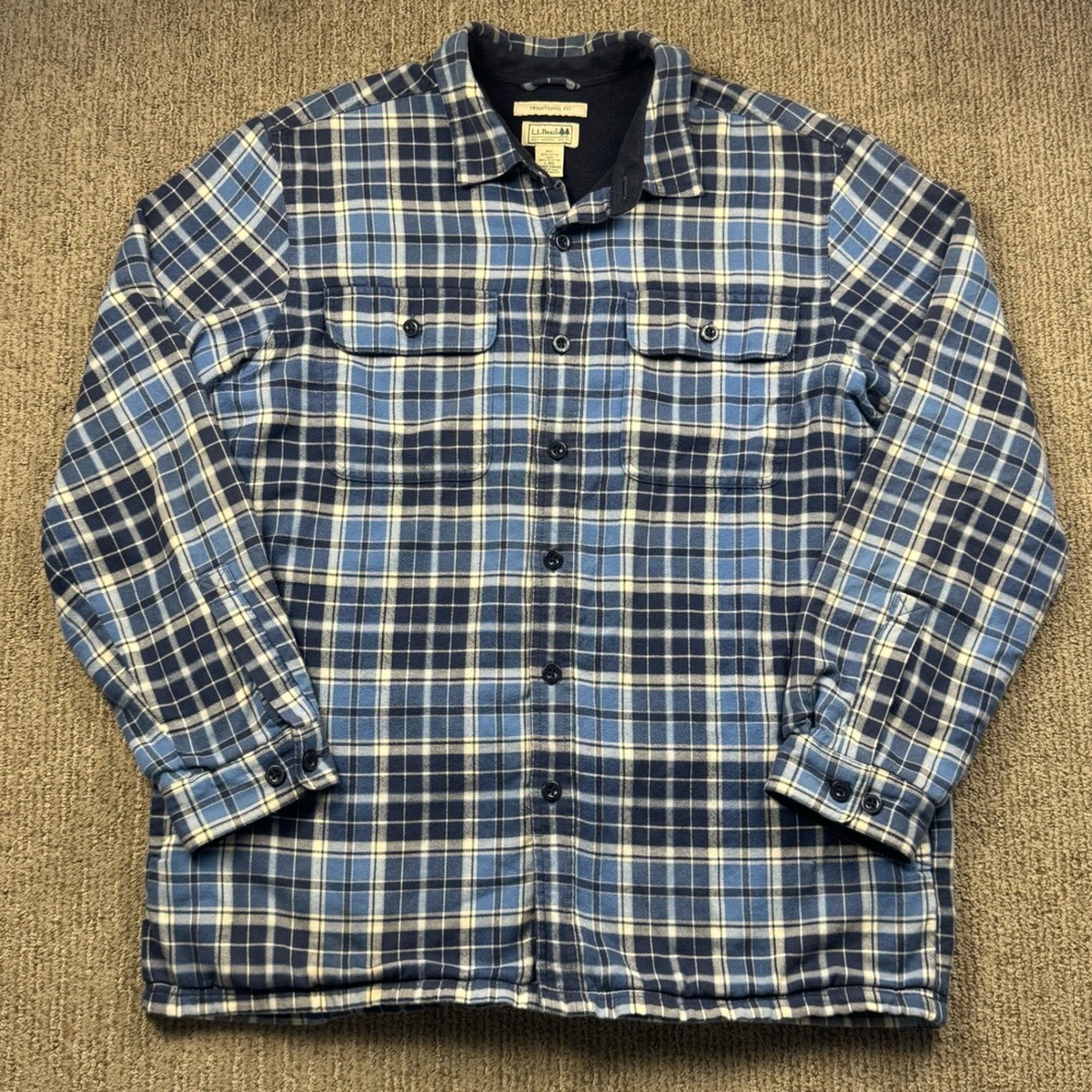 LL Bean Fleece Lined Flannel Shirt Mens L Reg Traditional Fit Blue Plaid